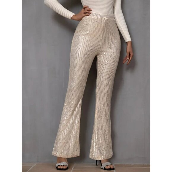 House of Harlow 1960 Sequin Flare Pants XS Champagne Metallic Glam Showgirl - Picture 1 of 13